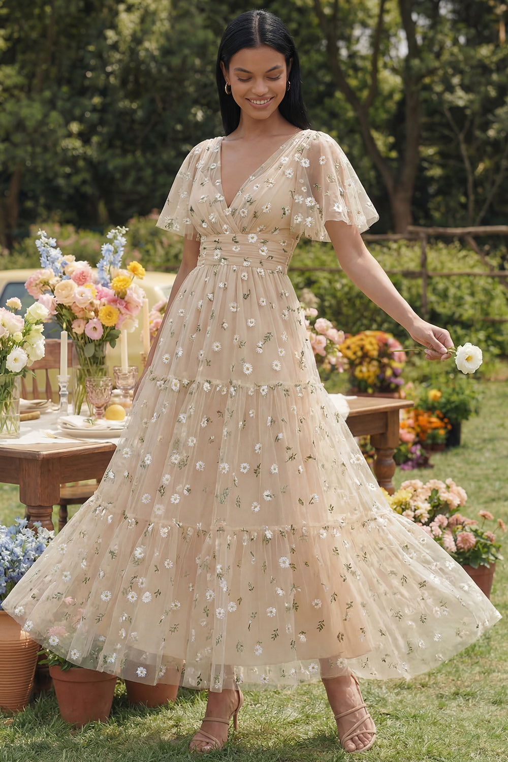 Floral Champagne Short Sleeve A Line Wedding Guest Dress