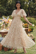 Floral Champagne Short Sleeve A Line Wedding Guest Dress