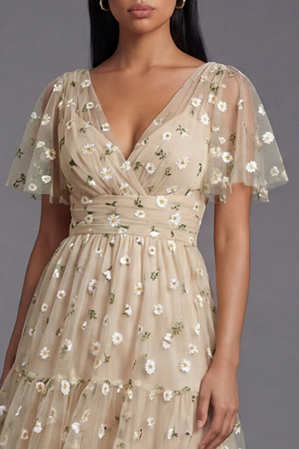 Floral Champagne Short Sleeve A Line Wedding Guest Dress