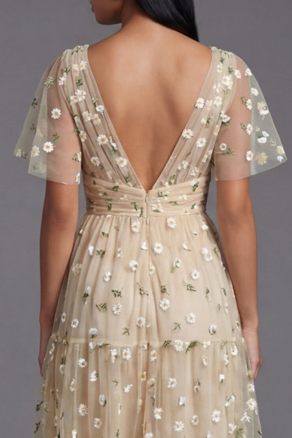 Floral Champagne Short Sleeve A Line Wedding Guest Dress