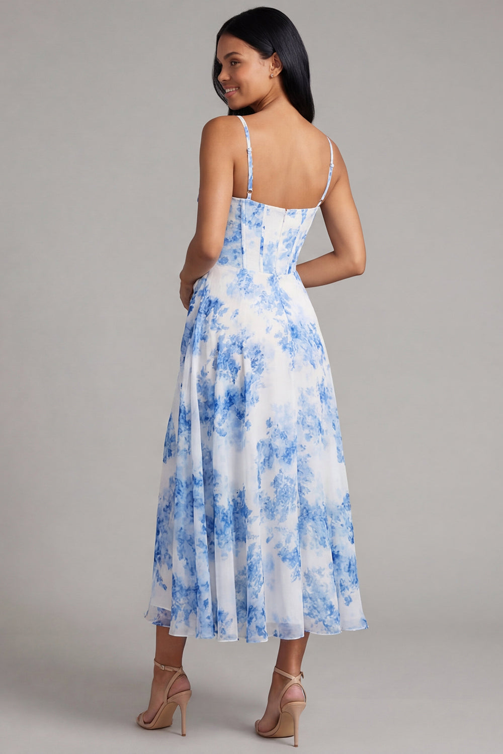 Floral Blue Corset A Line Ruched Wedding Guest Dress