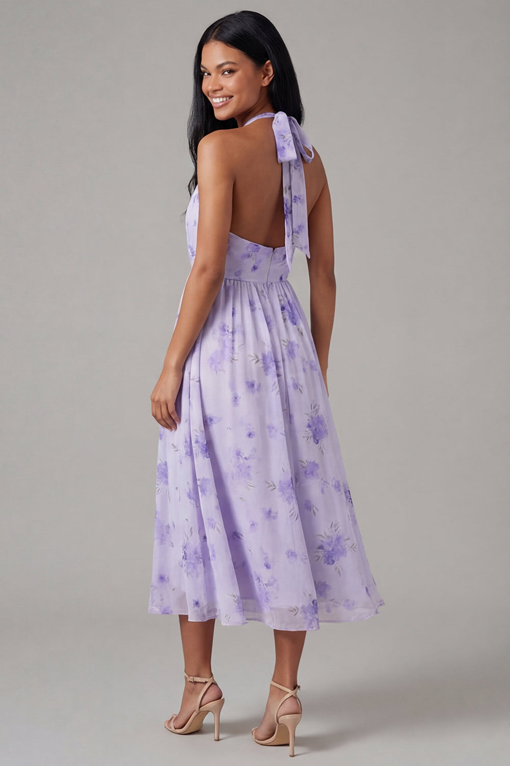 Halter Pleated Floral A Line Lilac Wedding Guest Dress