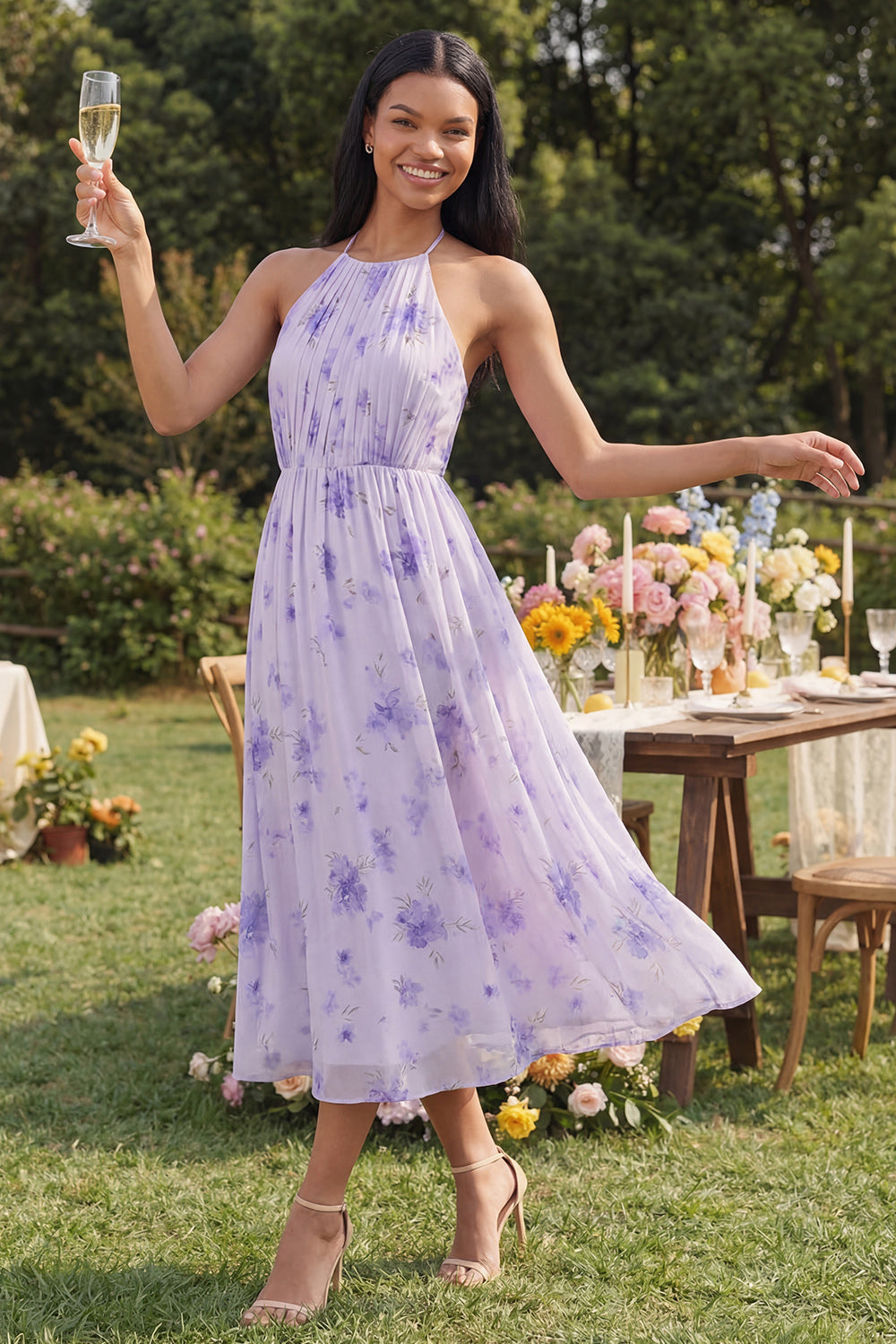 Halter Pleated Floral A Line Lilac Wedding Guest Dress