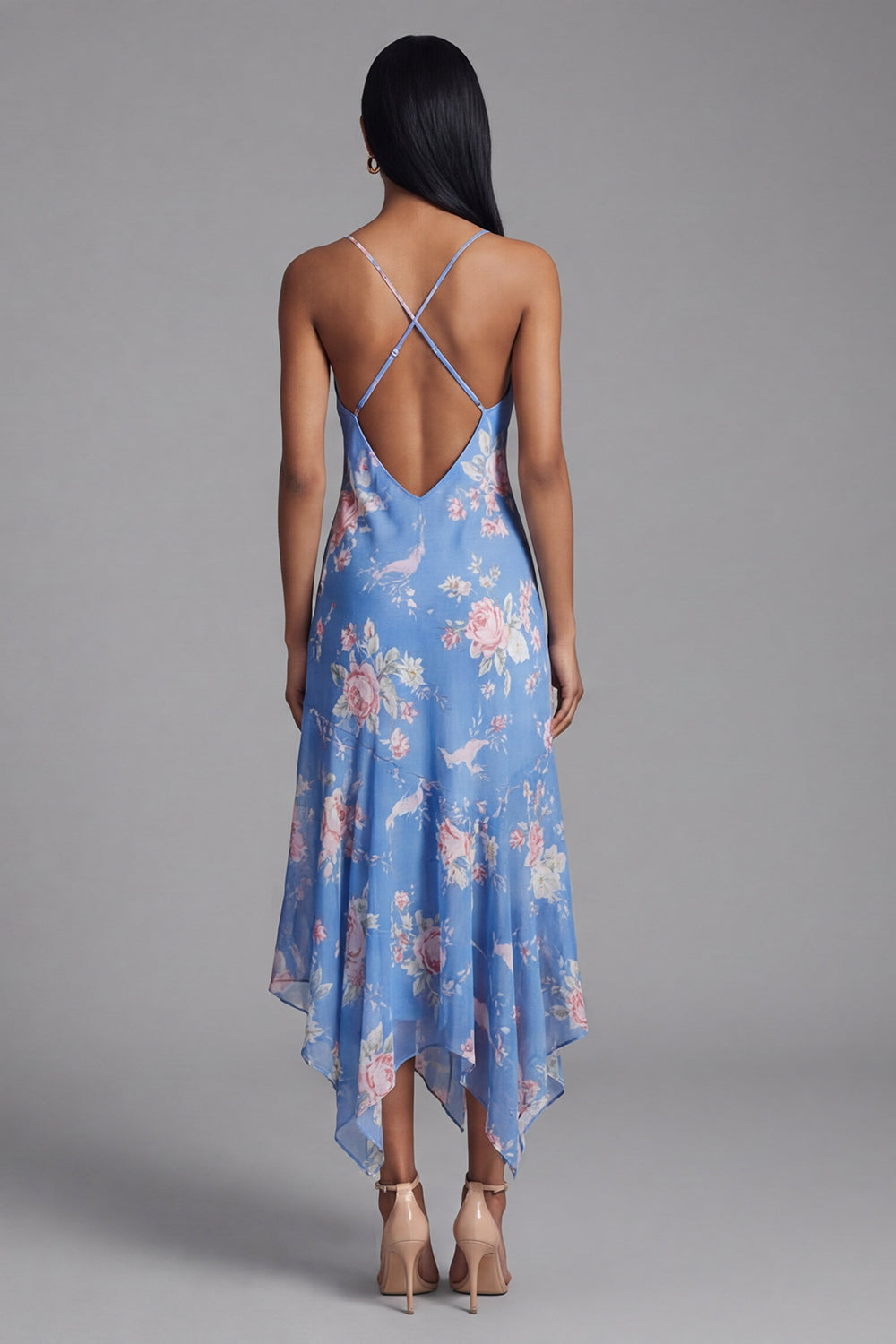 Blue Floral Ruffled A Line Midi Wedding Guest Dress