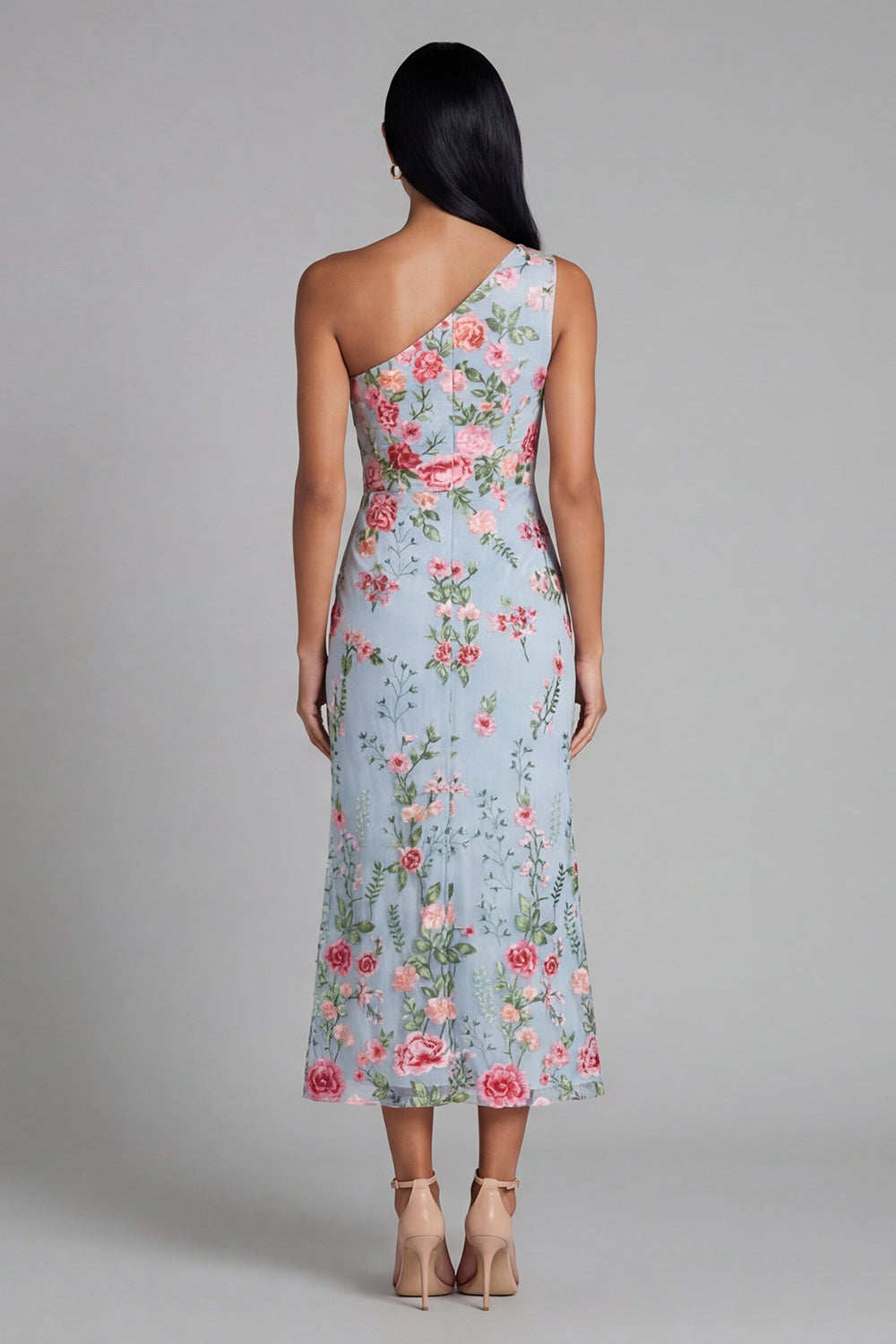 One Shoulder Blue Floral Mermaid Midi Wedding Guest Dress