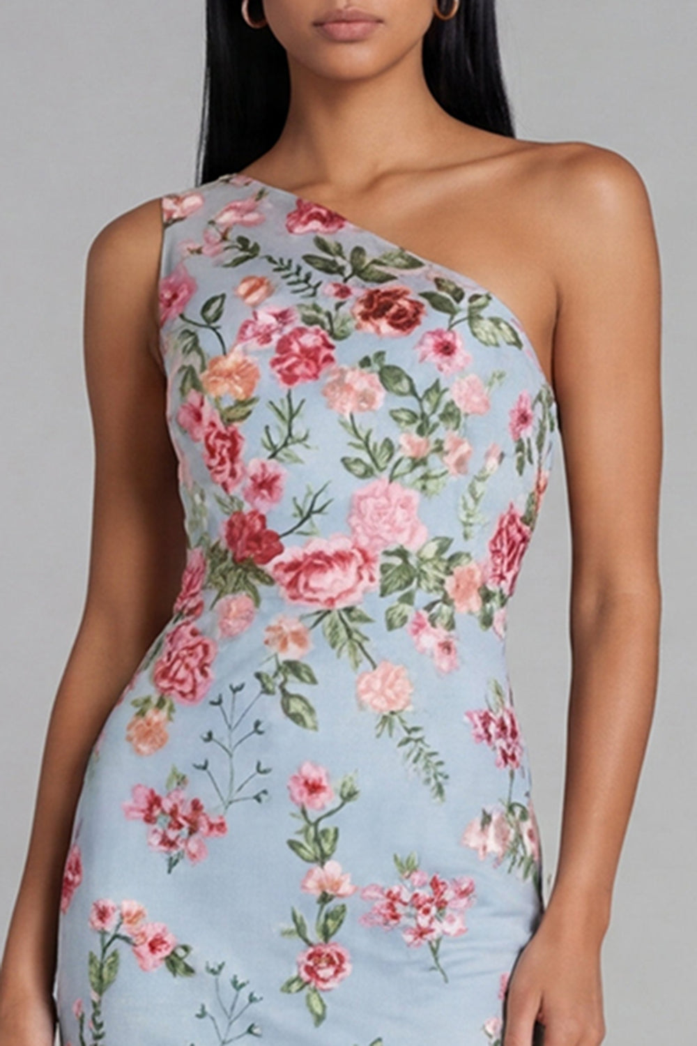 One Shoulder Blue Floral Mermaid Midi Wedding Guest Dress