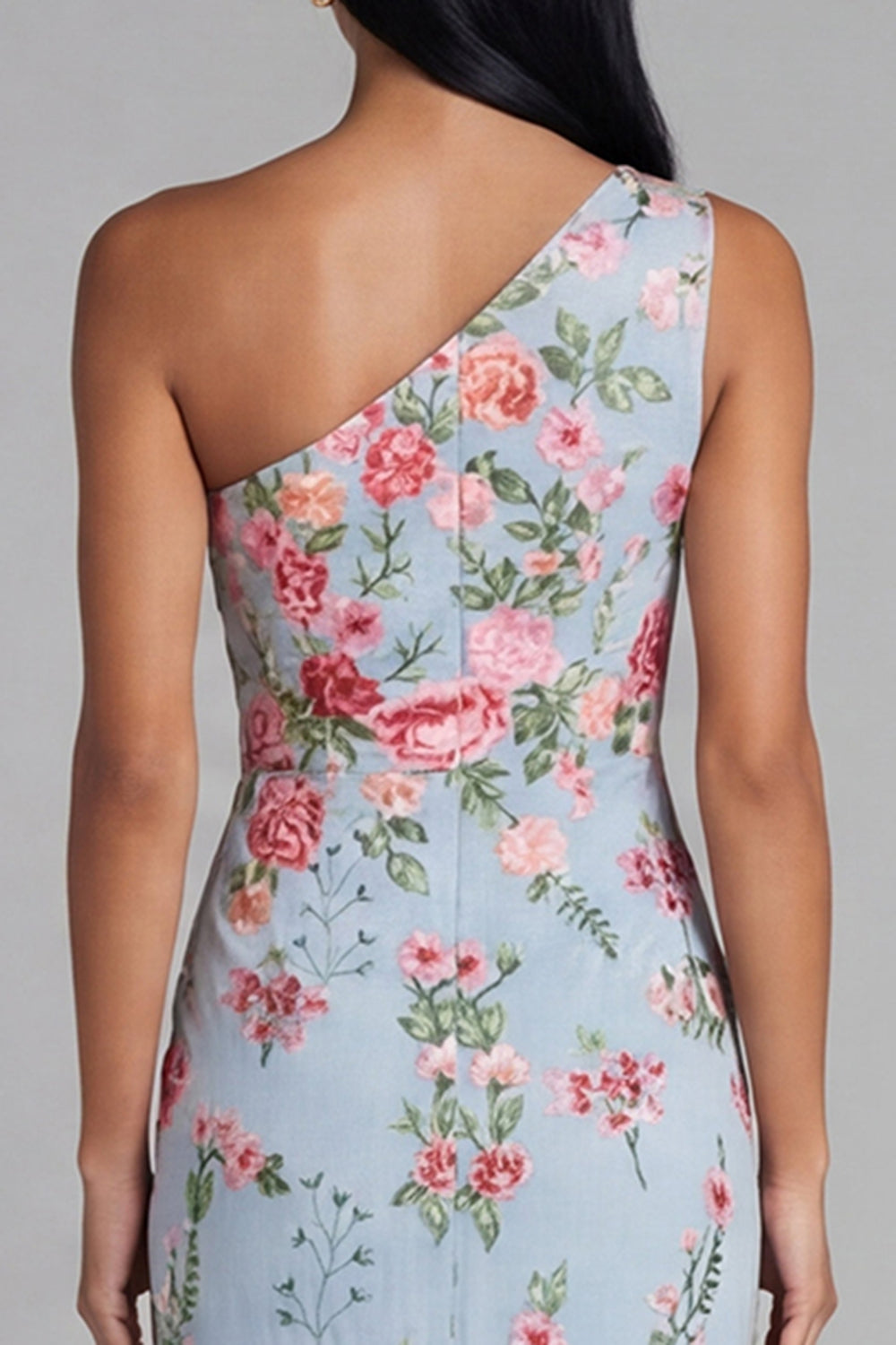 One Shoulder Blue Floral Mermaid Midi Wedding Guest Dress
