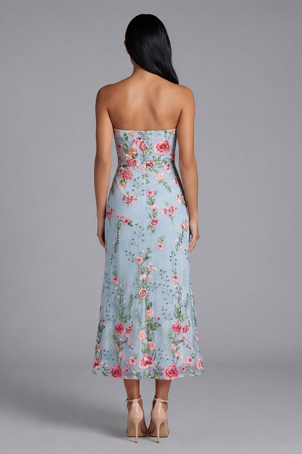 Strapless Mermaid Blue Floral Midi Wedding Guest Dress