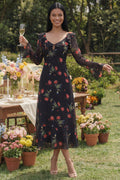 Long Sleeve Ruffled A Line Black Floral Midi Wedding Guest Dress