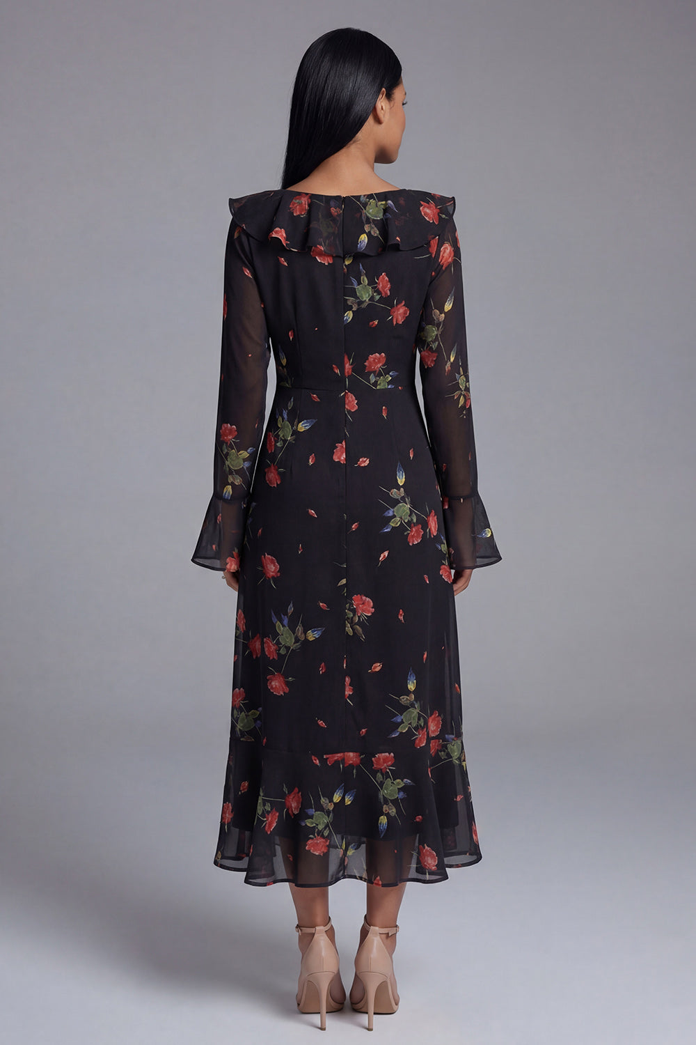 Long Sleeve Ruffled A Line Black Floral Midi Wedding Guest Dress