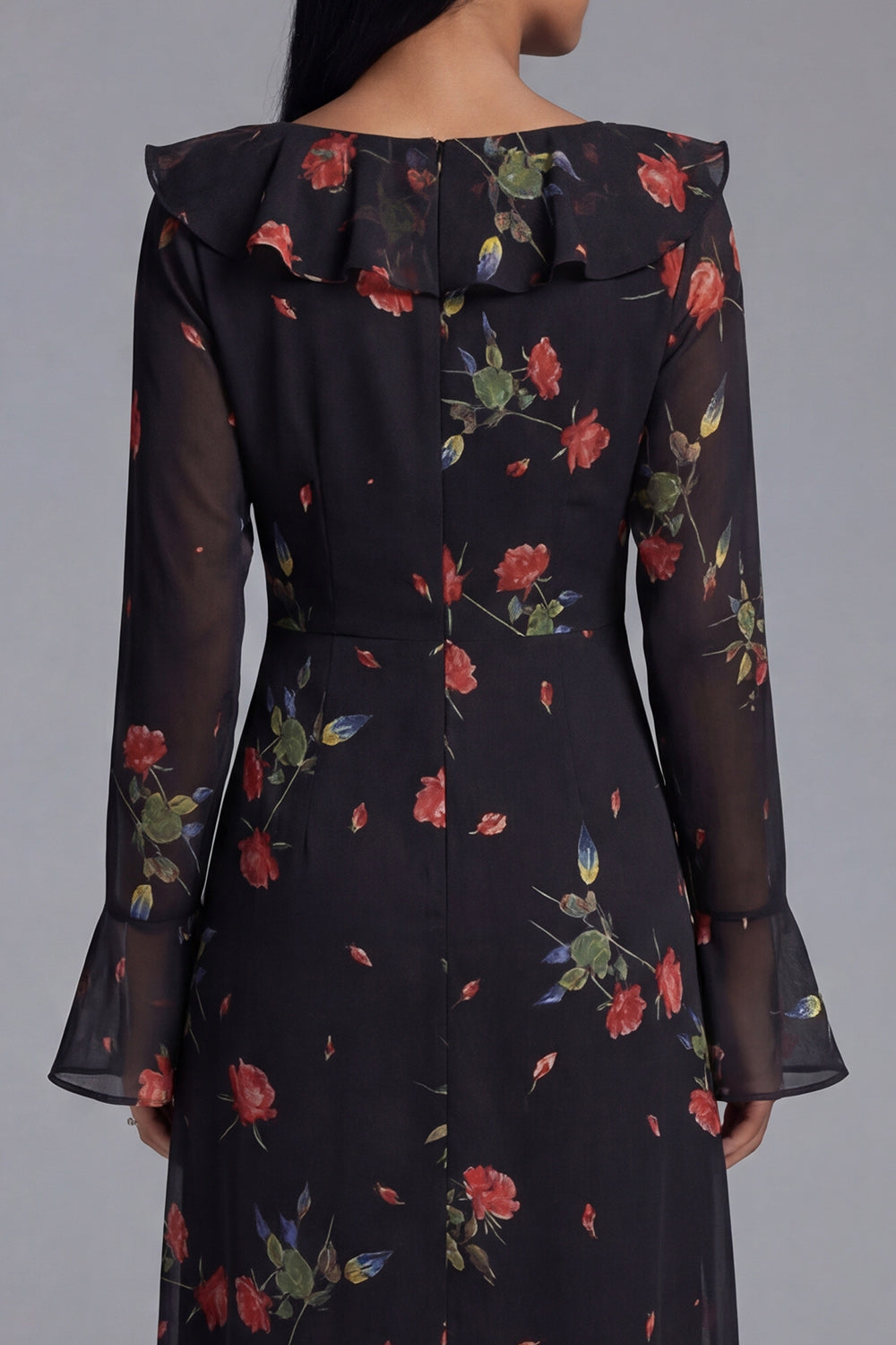 Long Sleeve Ruffled A Line Black Floral Midi Wedding Guest Dress