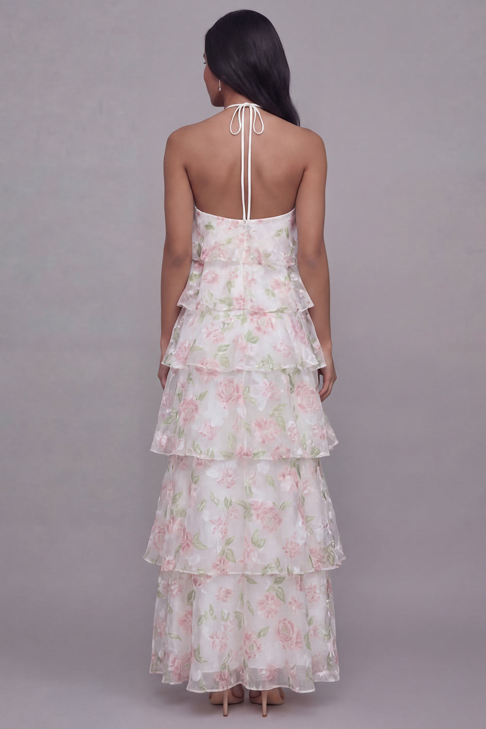 Tiered Halter Floral Pink Maxi Wedding Guest Dress