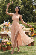 One Shoulder Cut Out Floral Light Orange Wedding Guest Dress