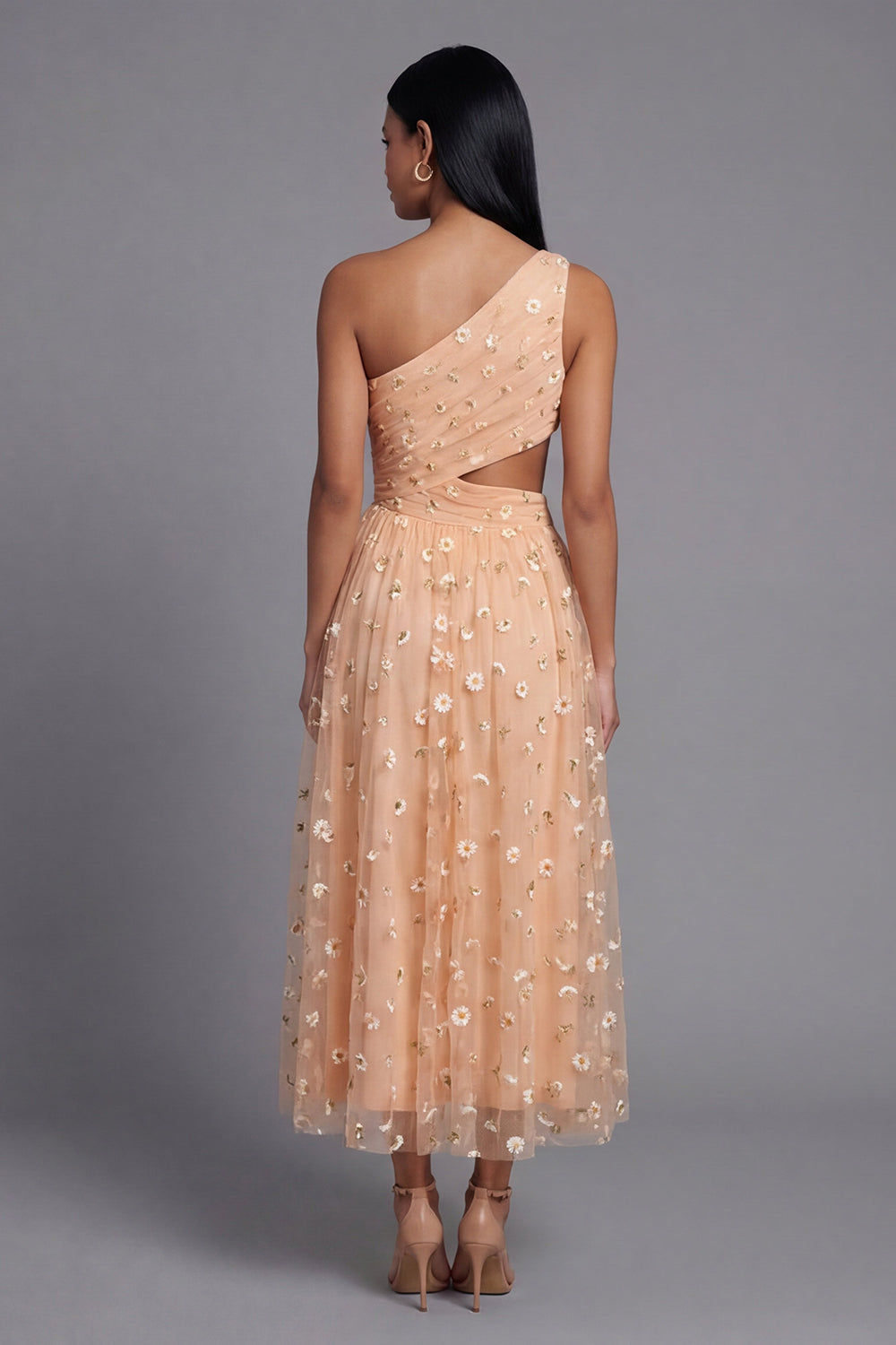 One Shoulder Cut Out Floral Light Orange Wedding Guest Dress