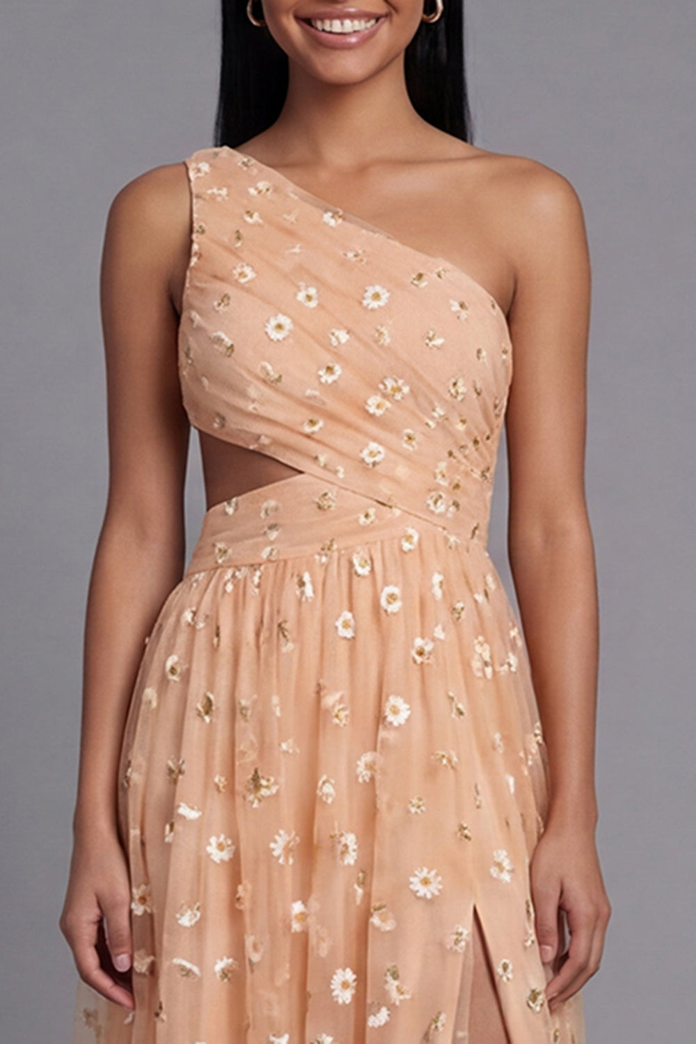 One Shoulder Cut Out Floral Light Orange Wedding Guest Dress