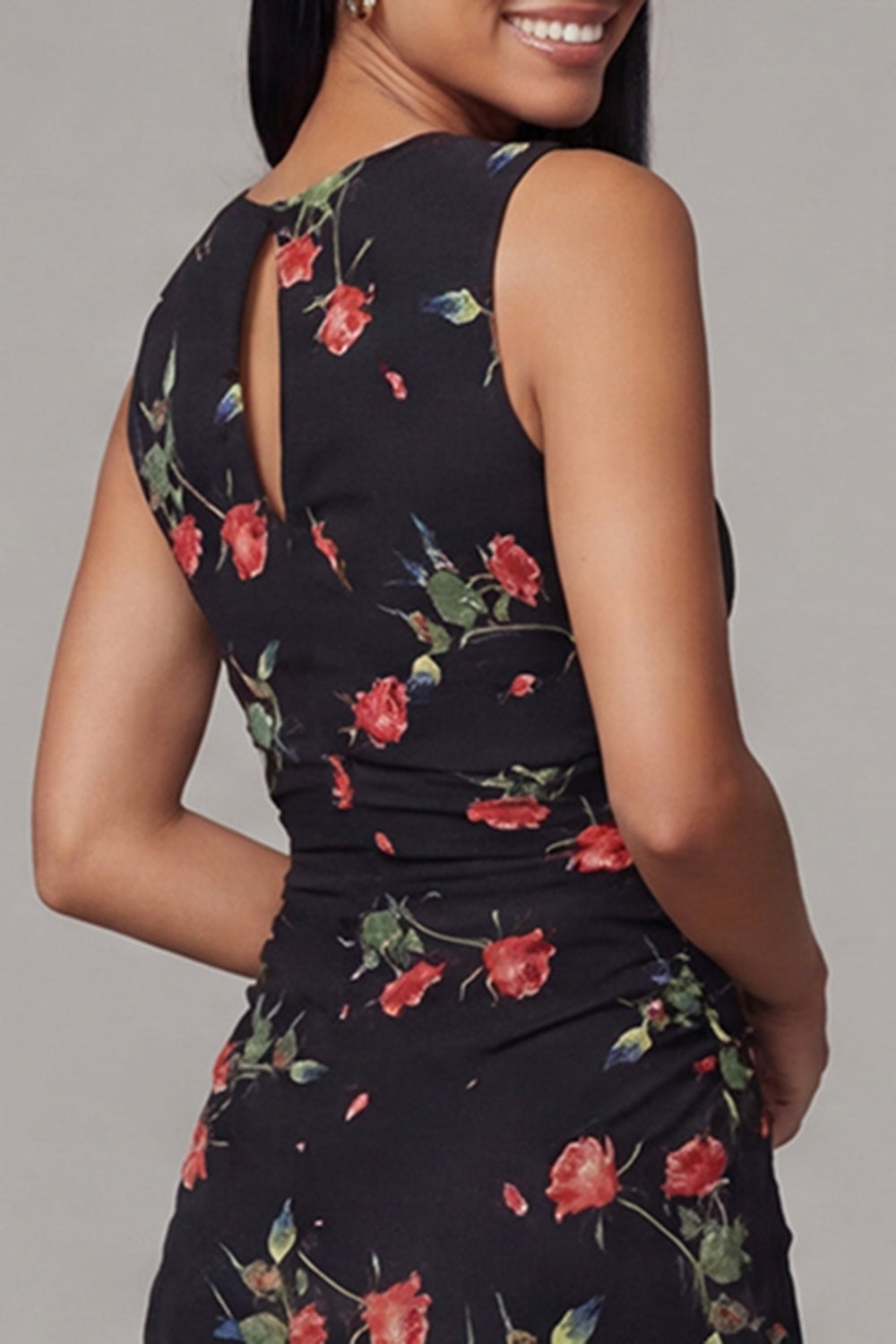 Black Floral Sheath Wedding Guest Dress with Keyhole