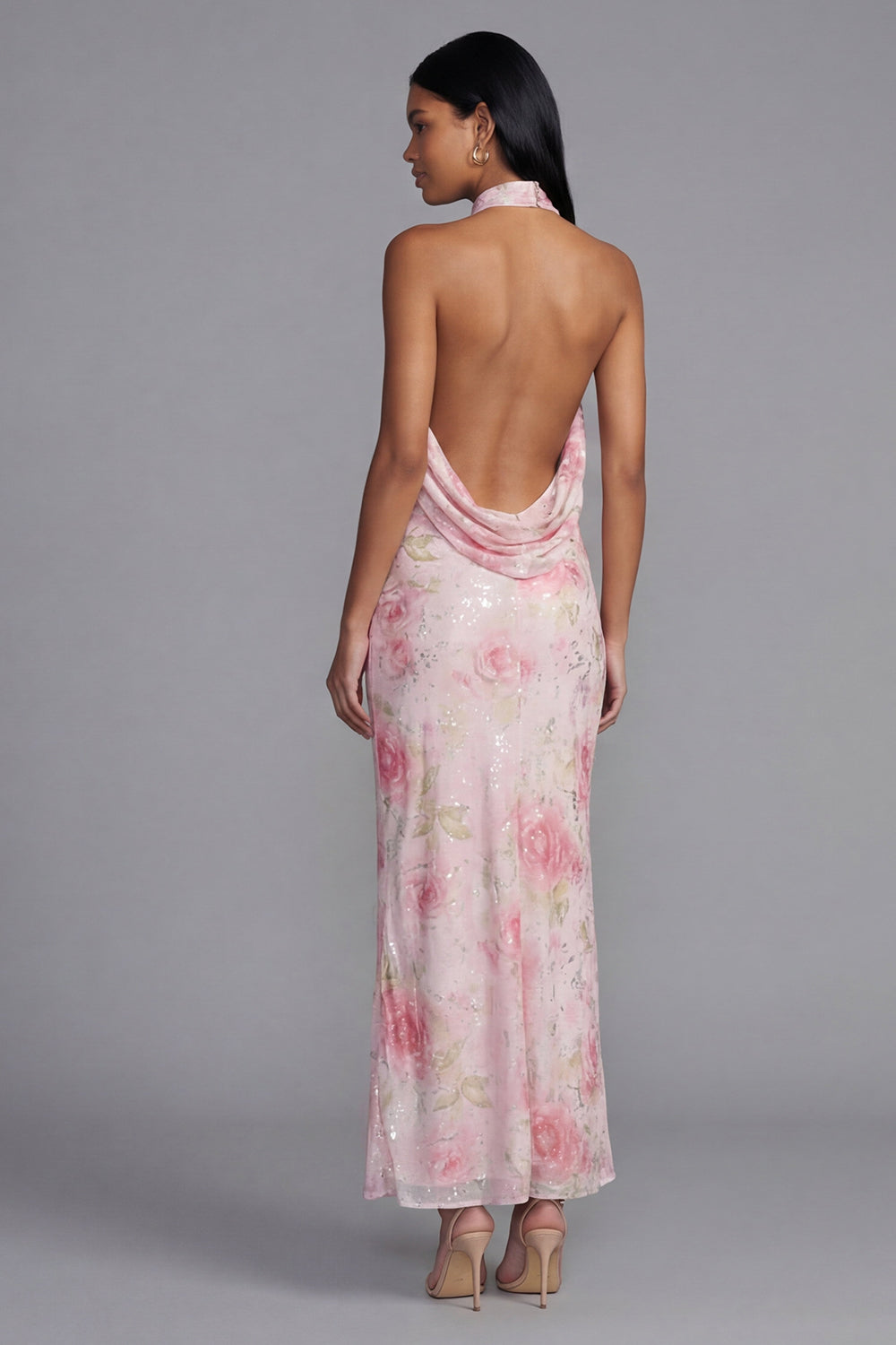 Halter Pink Floral Mermaid Maxi Wedding Guest Dress