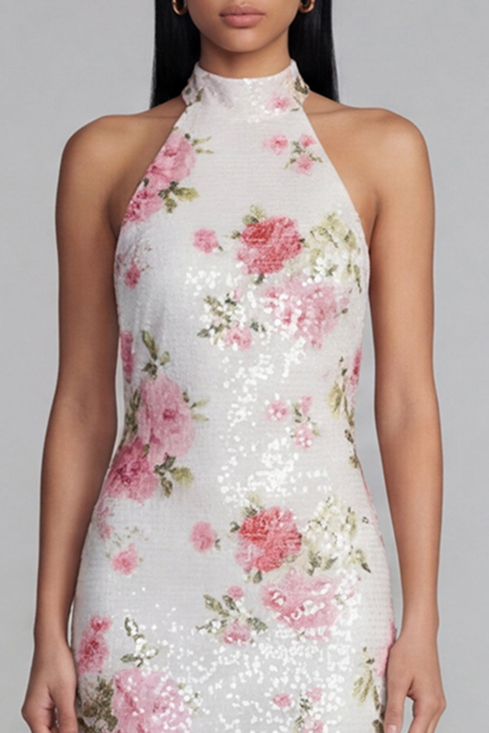 Halter Pink Floral Mermaid Maxi Wedding Guest Dress