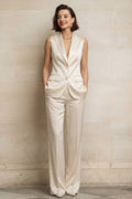 Ivory Peaked Lapel Satin 2 Piece Sleeveless Women Suits