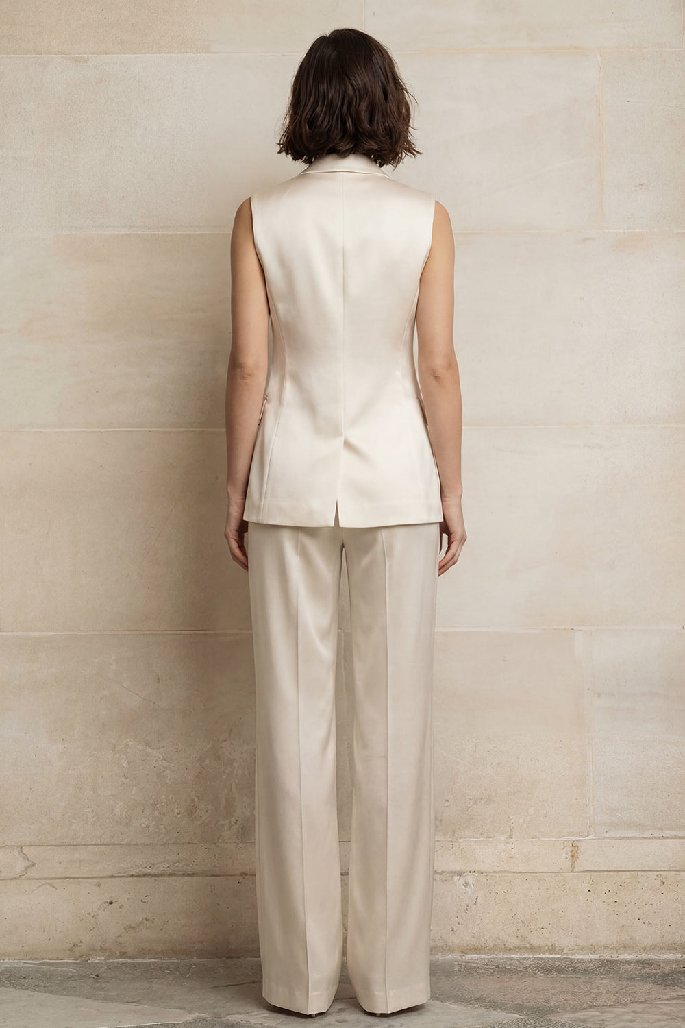 Ivory Peaked Lapel Satin 2 Piece Sleeveless Women Suits
