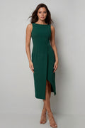 Dark Green Bateau Neck Midi Work Dress with Slit