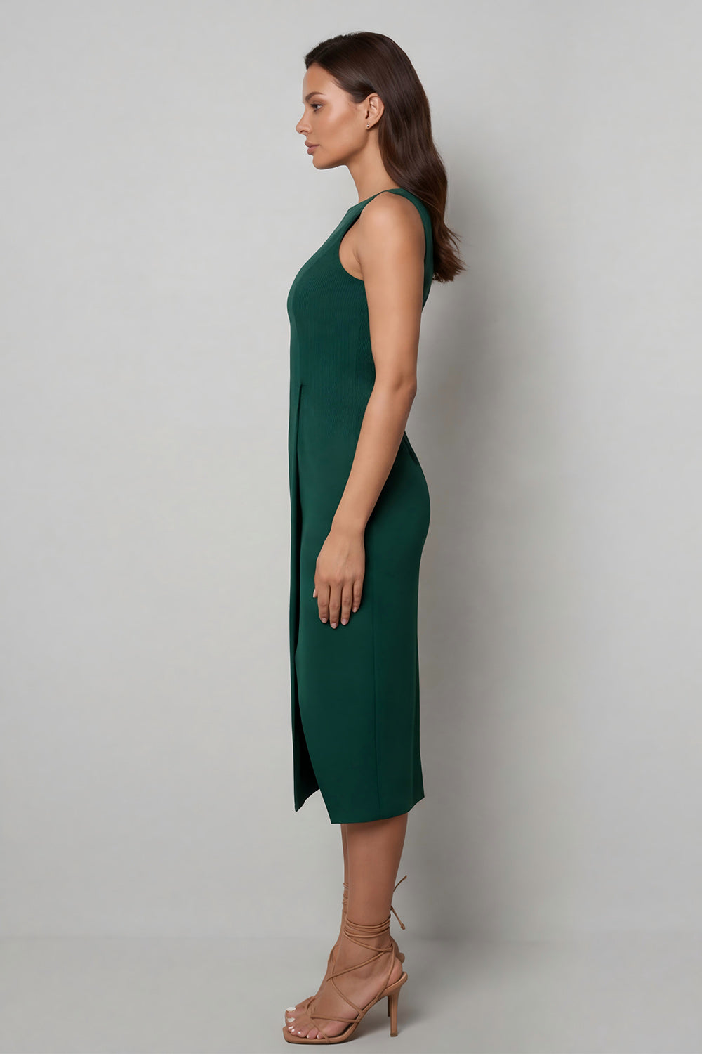 Dark Green Bateau Neck Midi Work Dress with Slit