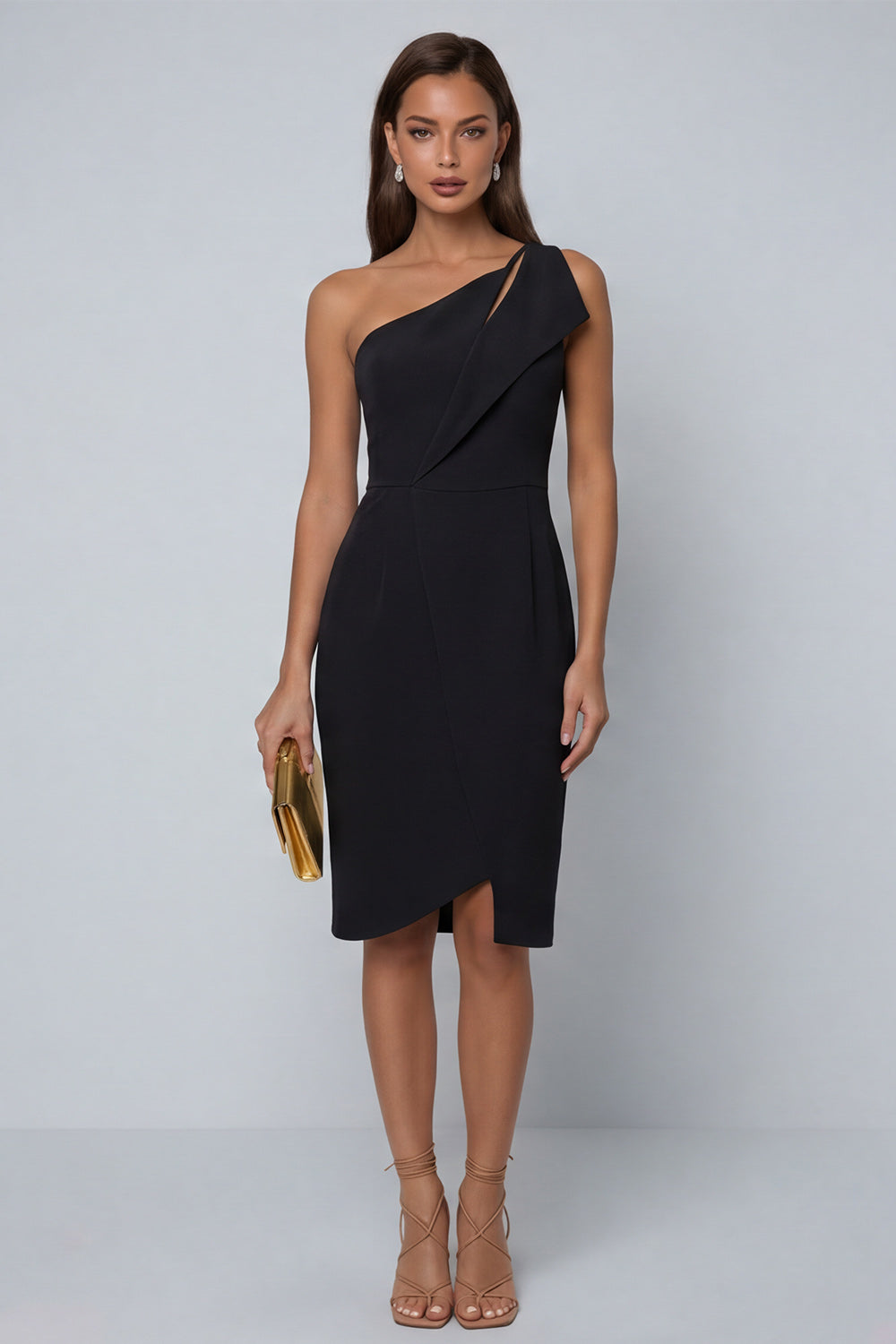 Black One Shoulder Cut Out Work Dress with Slit