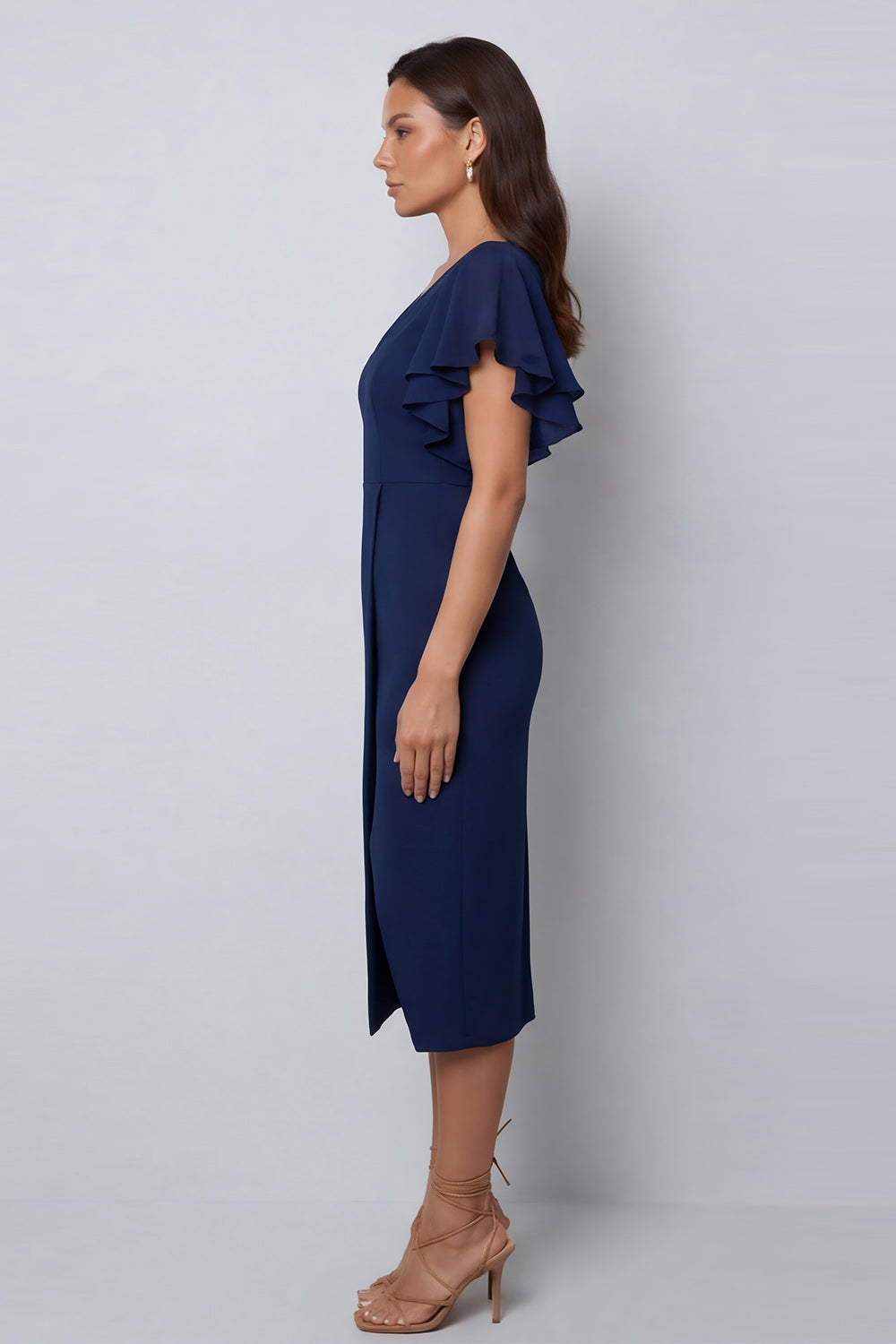 Ruffled Navy V Neck Midi Work Dress with Short Sleeves