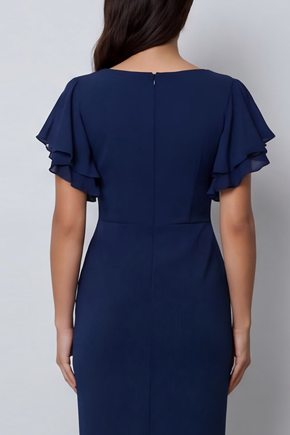 Ruffled Navy V Neck Midi Work Dress with Short Sleeves