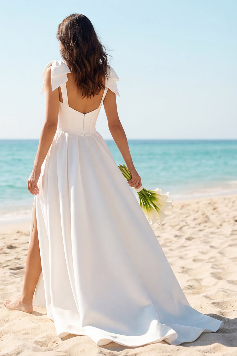 Ivory Scoop Neck Corset A Line Satin Wedding Dress