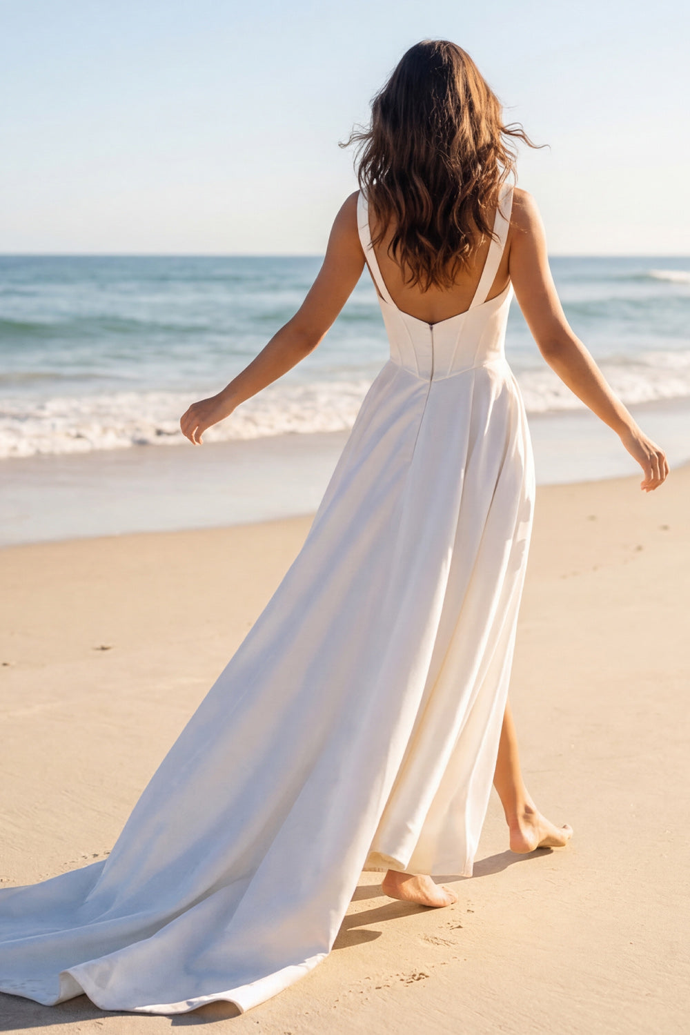 Basque Waist Ivory A Line Satin Wedding Dress