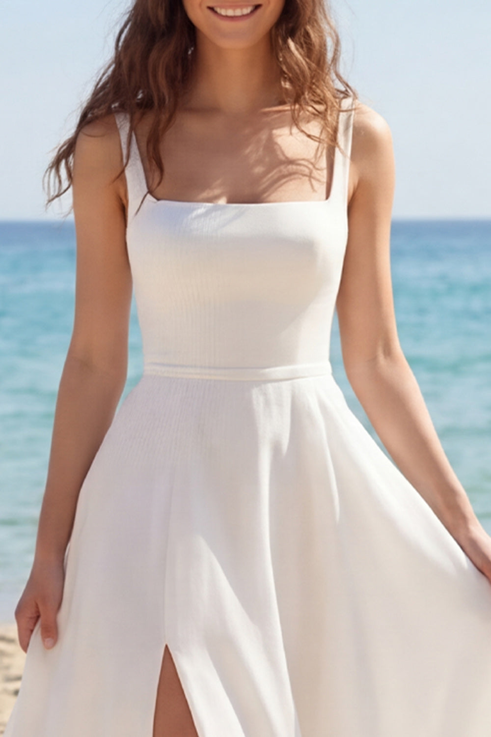 Ivory A Line Satin Wedding Dress with Slit