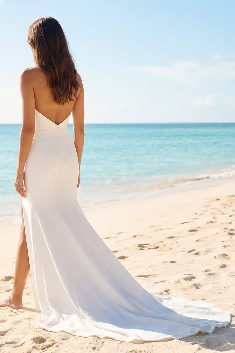 Strapless Ivory Mermaid Ruched Satin Wedding Dress with Slit