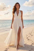 Ivory A Line Pleated Halter Wedding Dress with Slit