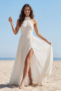 Halter Ivory A Line Pleated Maxi Wedding Dress with Slit