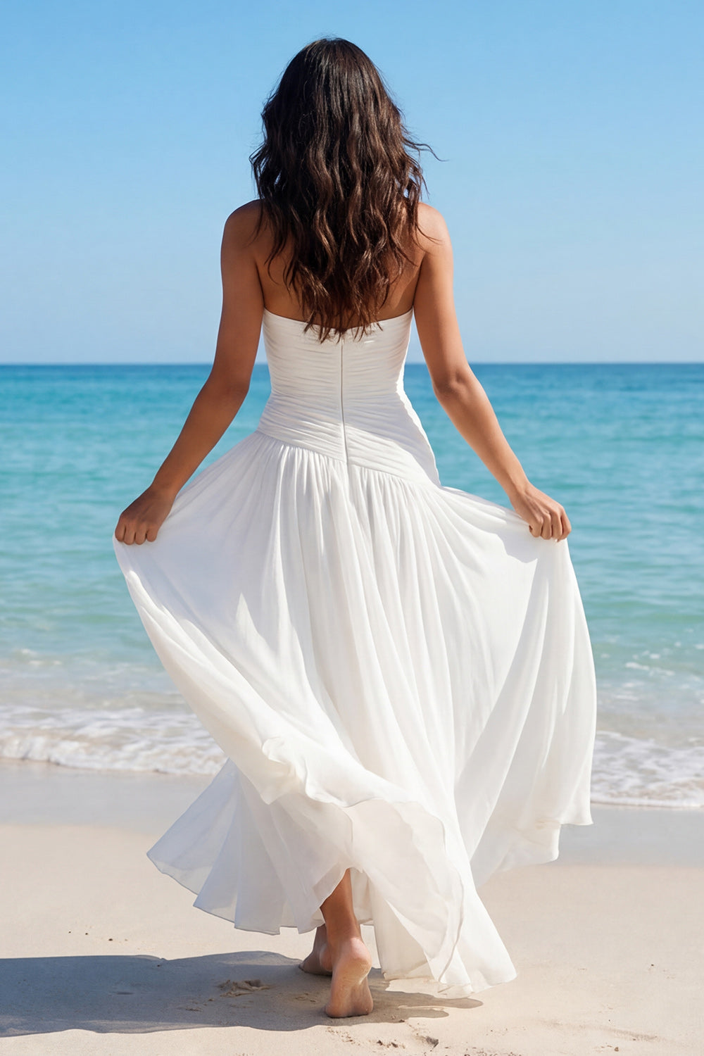 Strapless Ivory A Line Pleated Maxi Wedding Dress