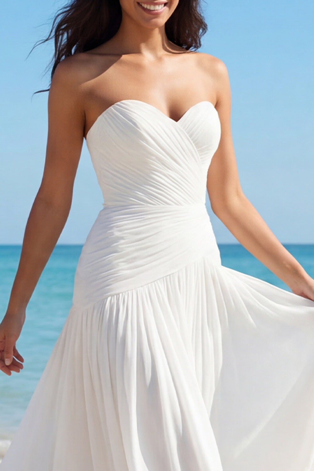 Strapless Ivory A Line Pleated Maxi Wedding Dress