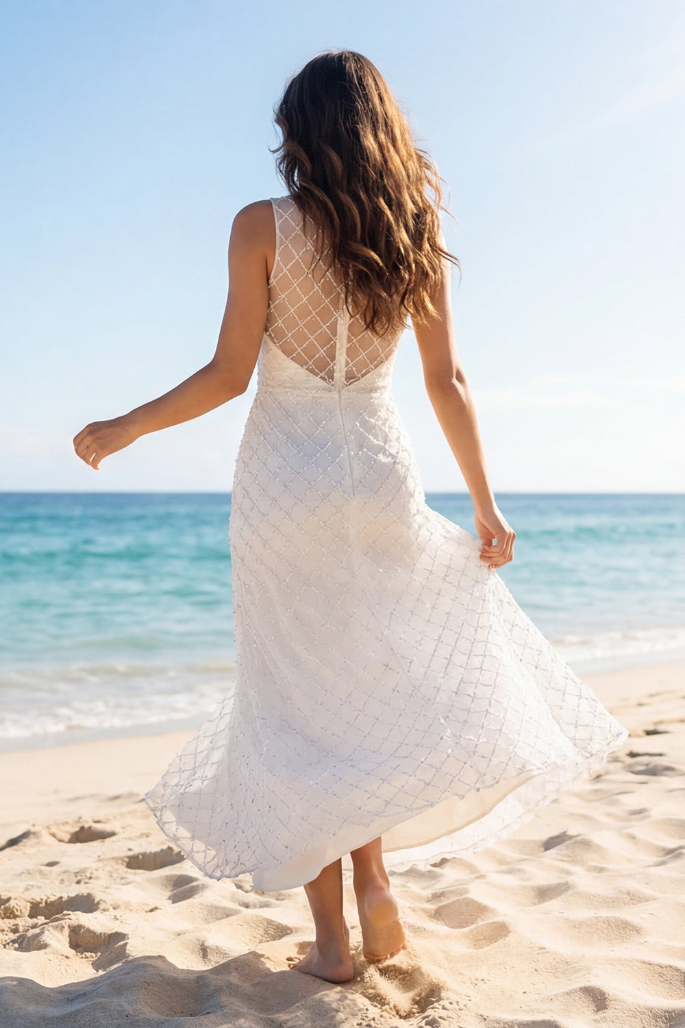 High Neck Ivory Sleeveless Maxi Wedding Dress