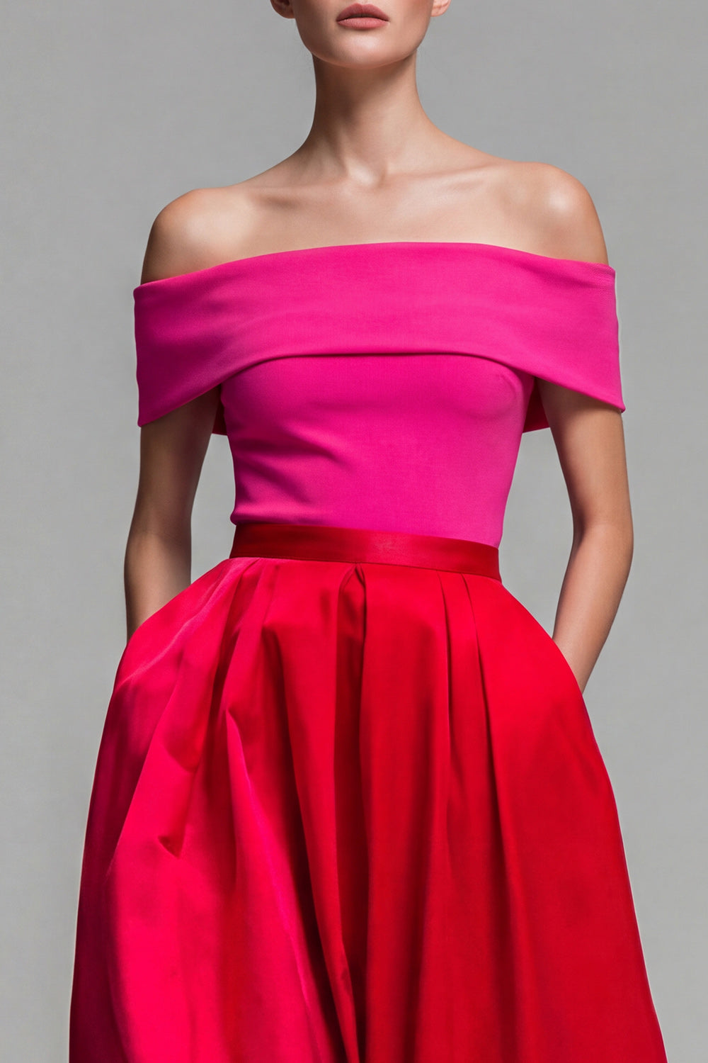 Off the Shoulder A Line Fuchsia and Red Formal Dress