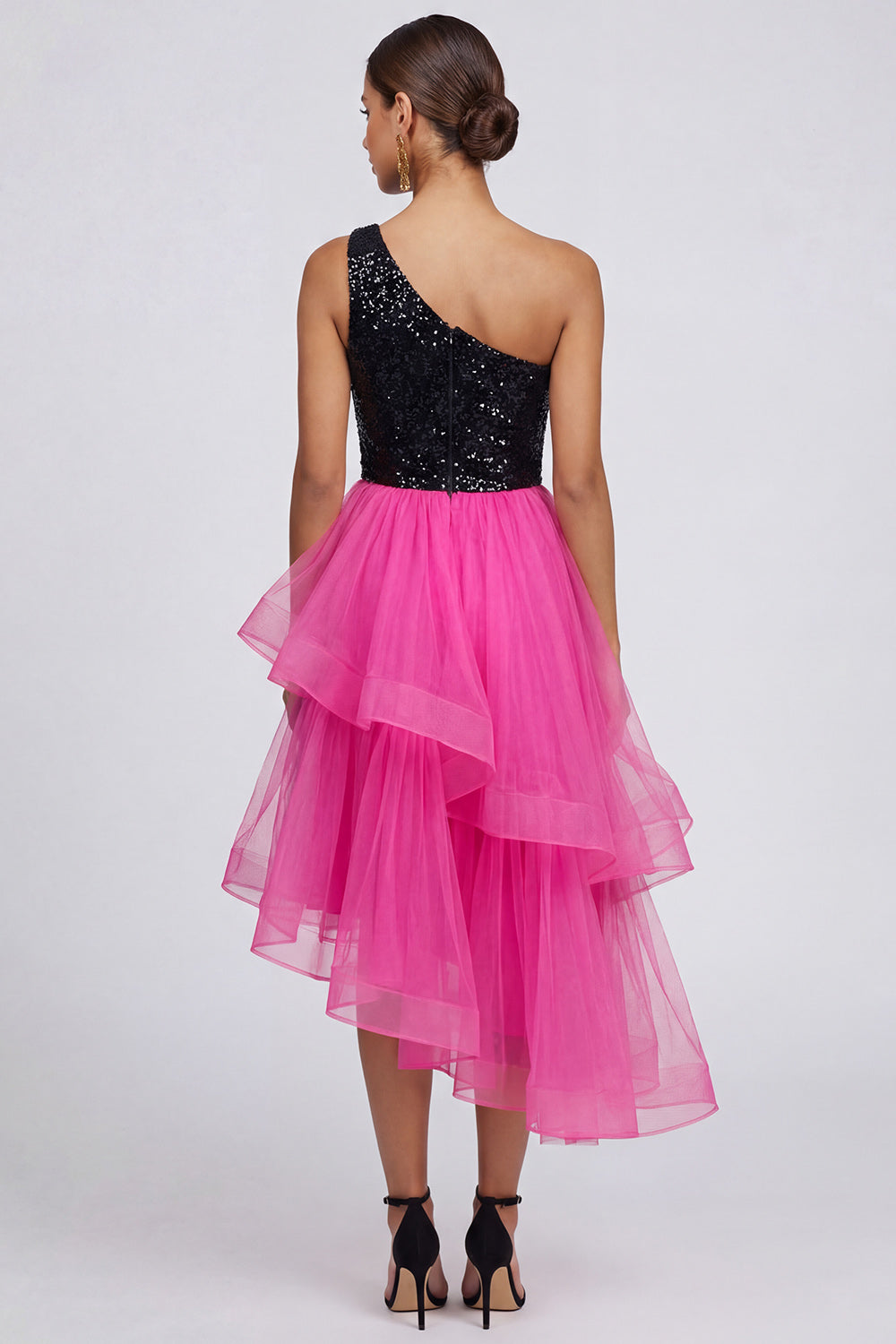 Sparkly Tiered One Shoulder Fuchsia and Black Formal Dress