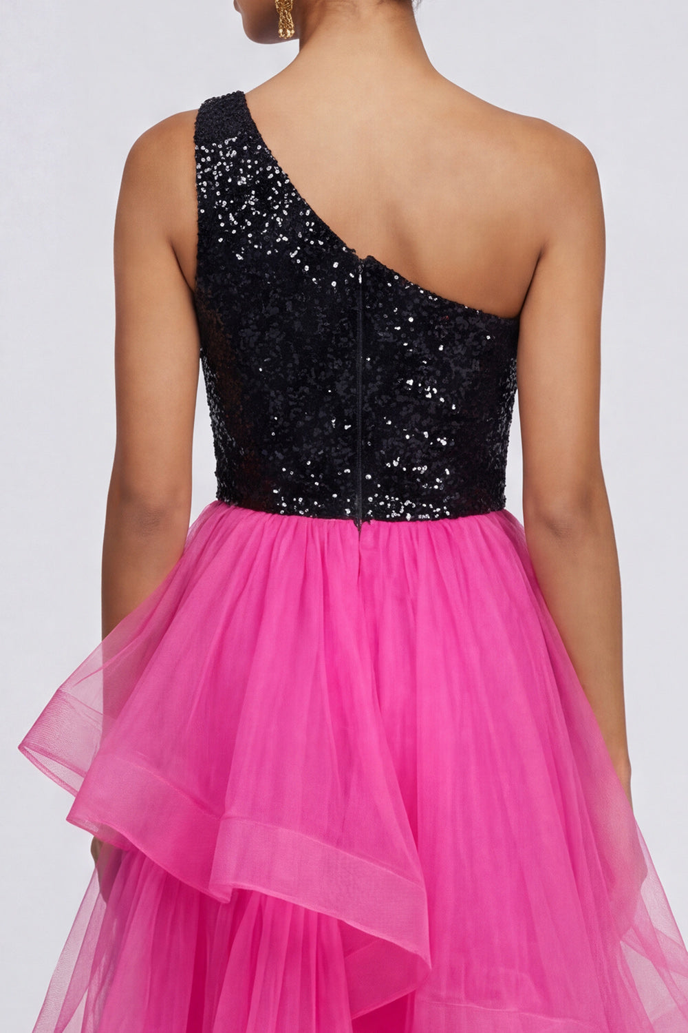 Sparkly Tiered One Shoulder Fuchsia and Black Formal Dress