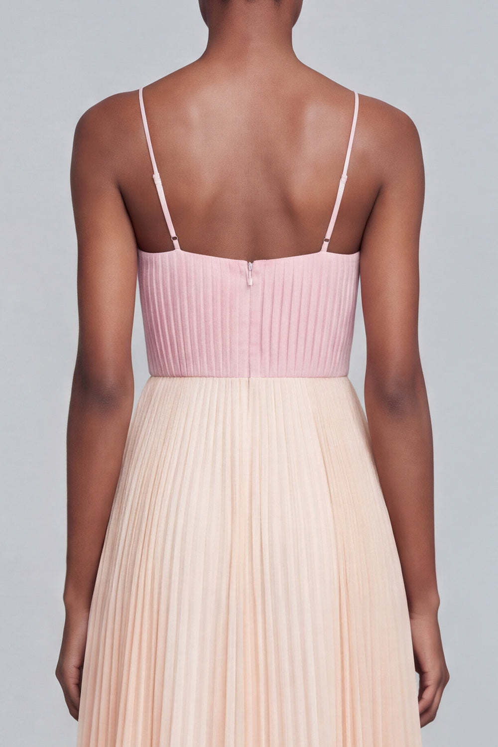 A Line Ruffled Pink and Champagne Formal Dress