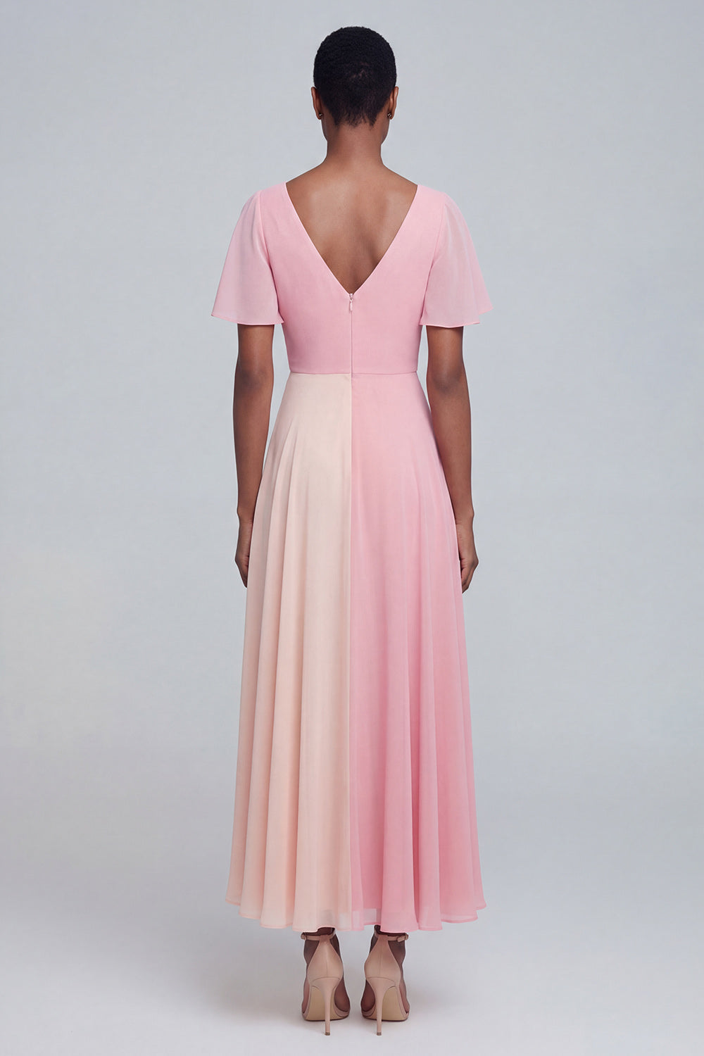A Line Pink V Neck Maxi Formal Dress