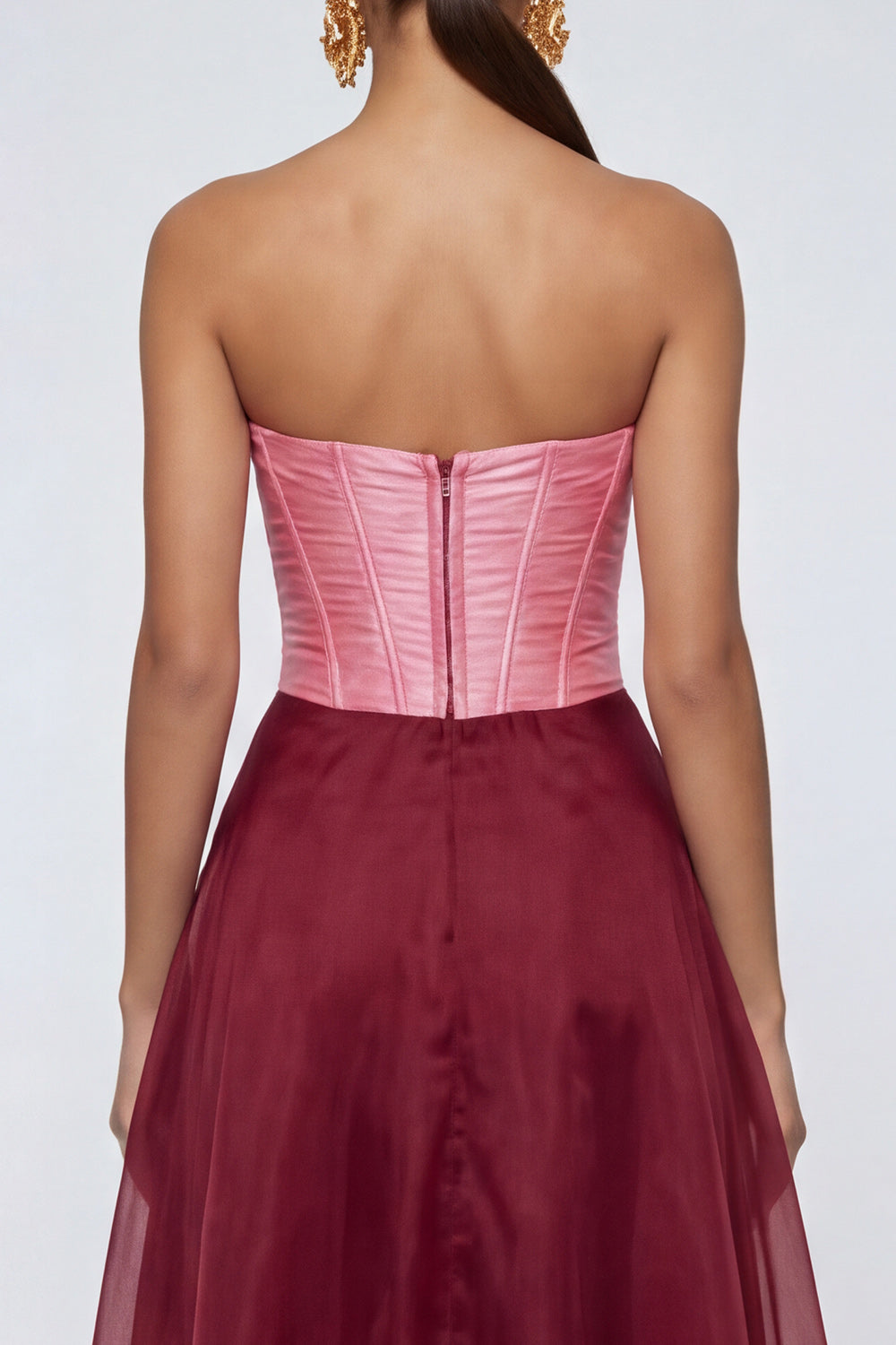 Strapless A Line Pink and Burgundy Ruffled Corset Formal Dress