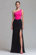 One Shoulder Corset Fuchsia and Black Maxi Formal Dress