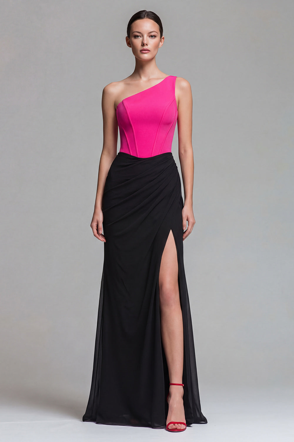 One Shoulder Corset Fuchsia and Black Maxi Formal Dress