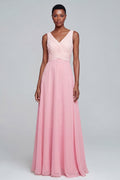 A Line V Neck Ruched Pink Maxi Formal Dress