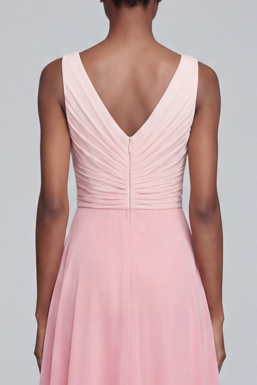 A Line V Neck Ruched Pink Maxi Formal Dress