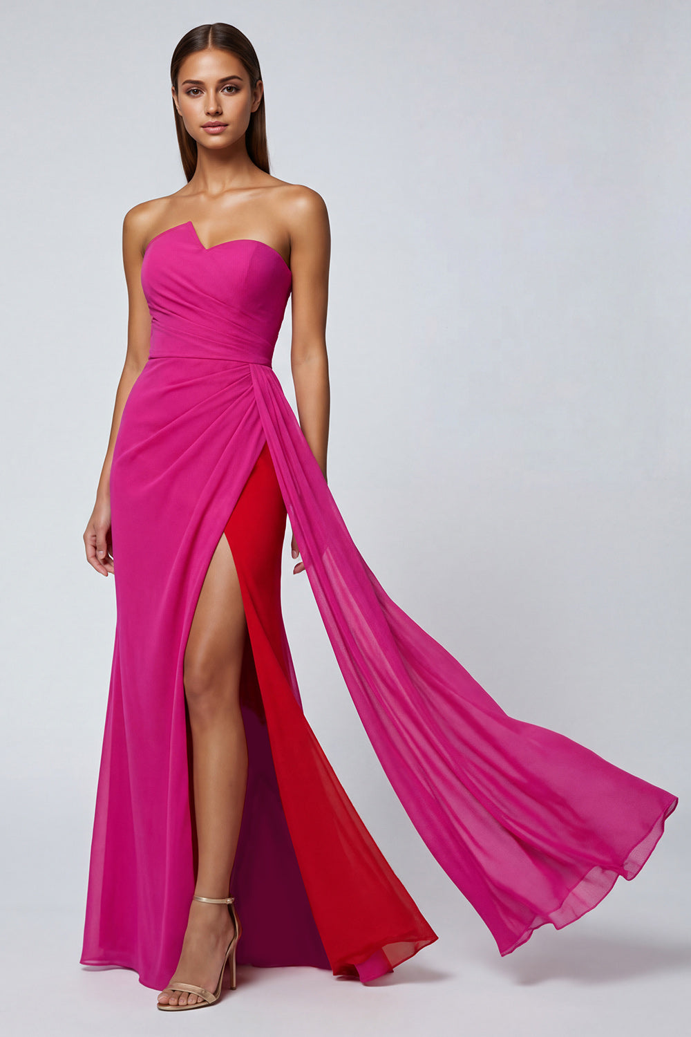 Strapless Ruched Fuchsia Maxi Formal Dress