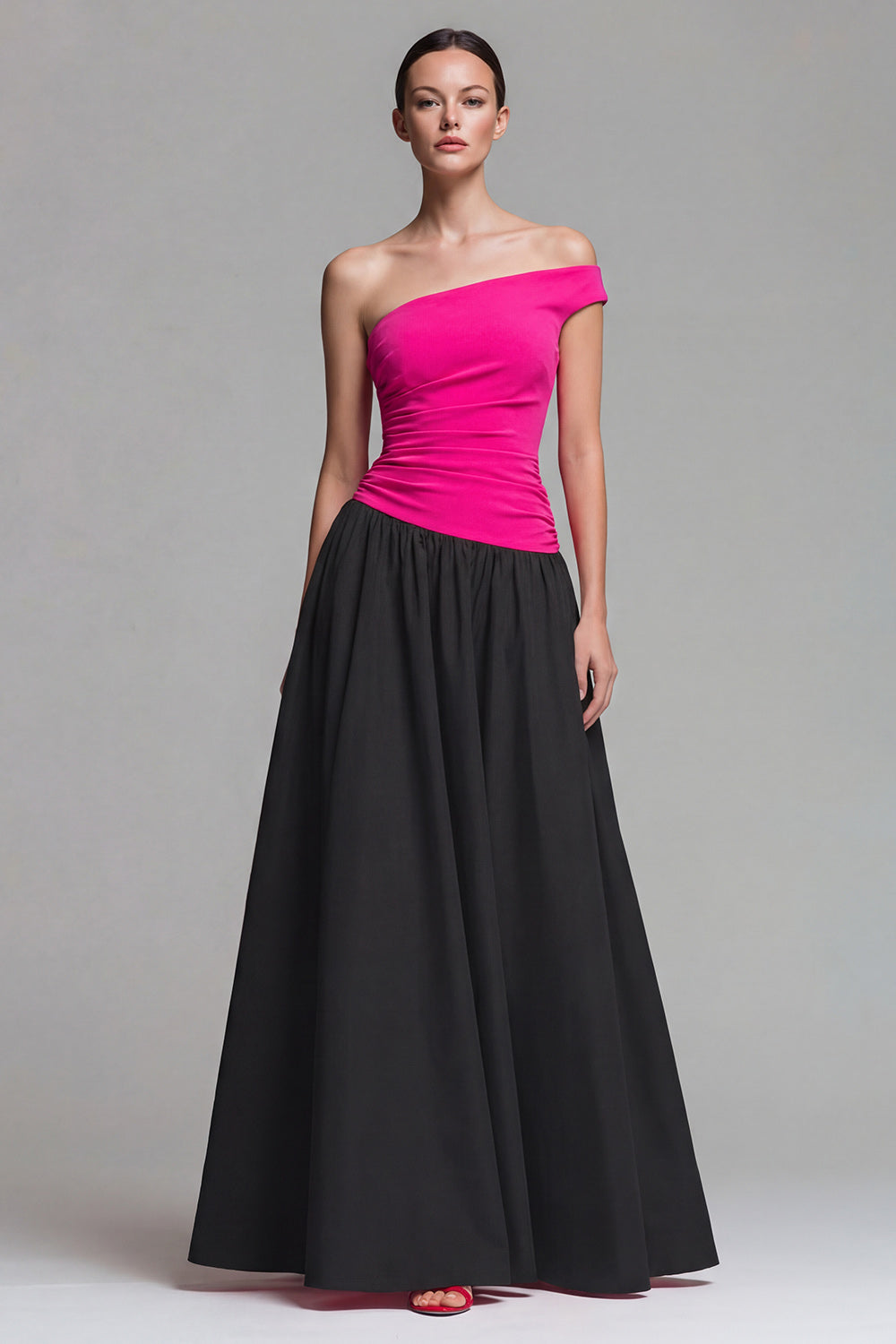 A Line One Shoulder Ruched Fuchsia and Black Formal Dress